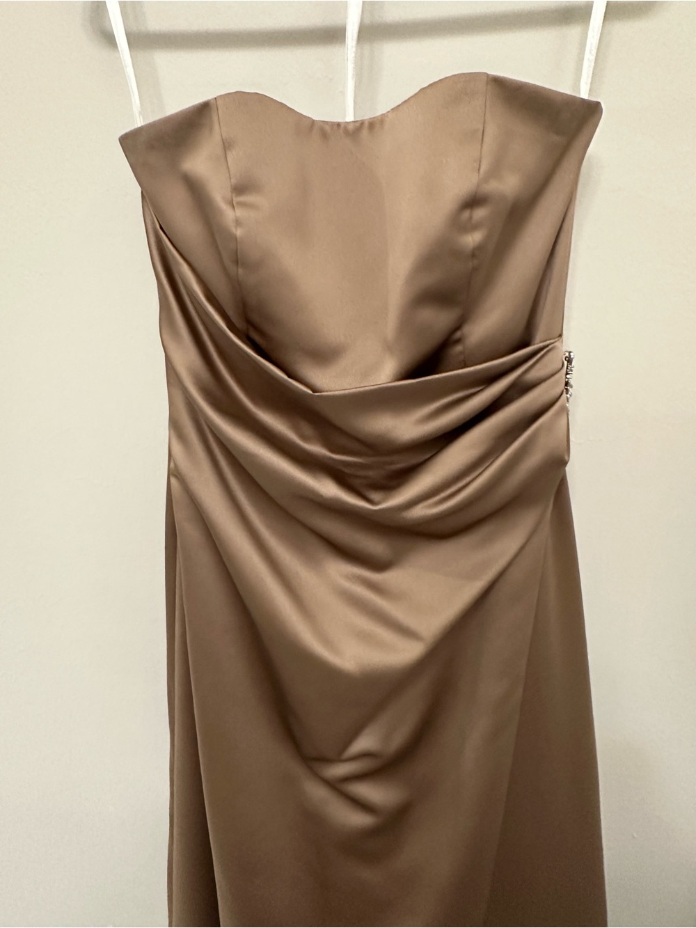 David's Bridal Strapless Satin Gown in Taupe Brown